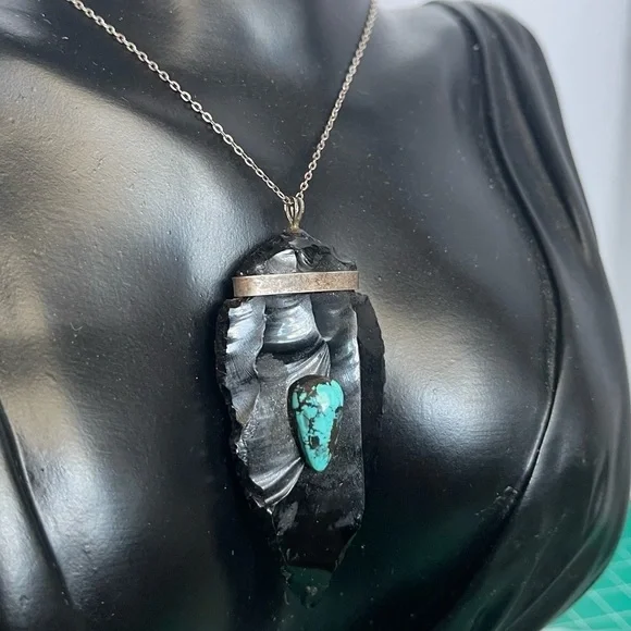 925 Sterling Silver Obsidian Pendant with Turquoise Inlay Artisan Native Jewelry